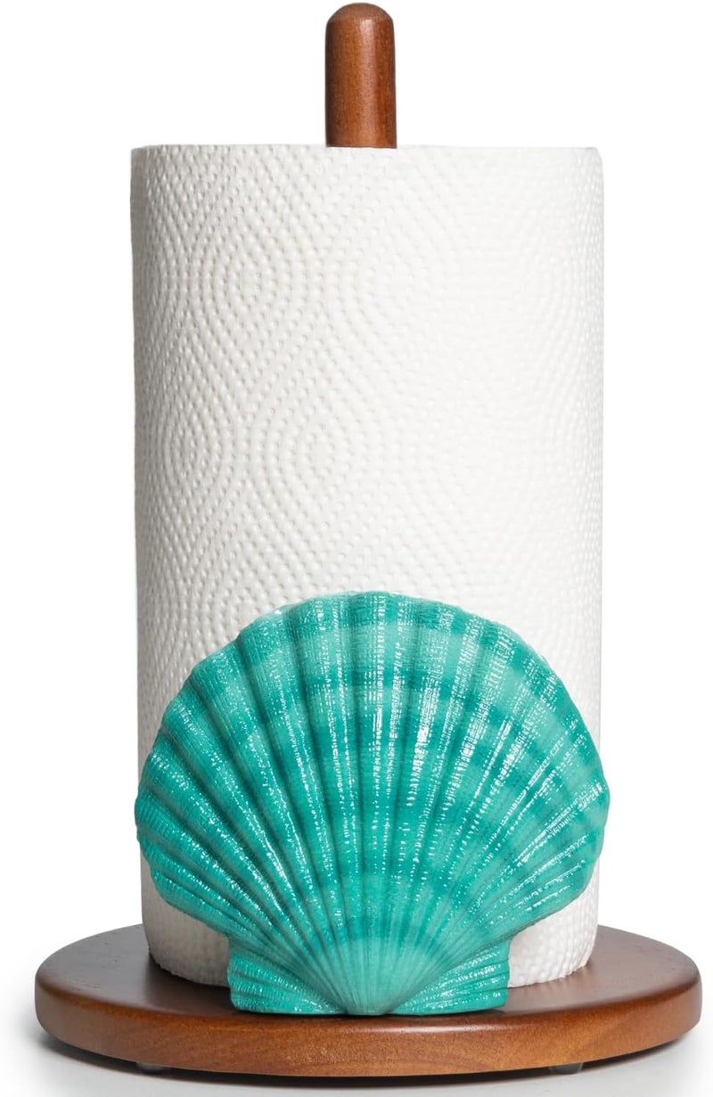 YLOVAN Seashell Paper Towel Holder - Teal Kitchen Beach House Decor Ocean Themed Decor Coastal Gifts for Women Cute Counter Paper Towel Holder Stand Wood Unique Funny Nautical Countertop Decorative Sea Shell - Image 1